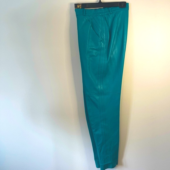 Cool teal vintage leather jeans with slash pockets - Picture 2 of 8